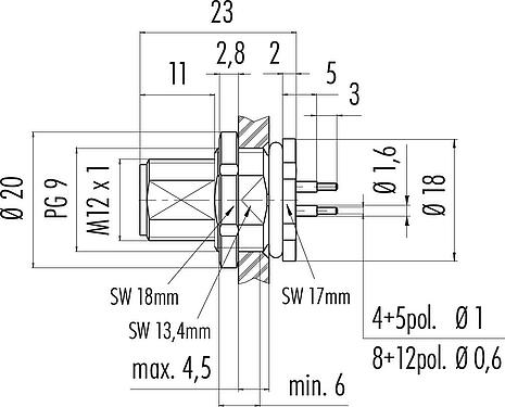 Scale drawing M12 Male panel mount connector, Contacts: 4, unshielded, THT, IP68, UL 2238, PG 9, Rear mounting