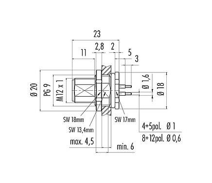 Scale drawing M12 Male panel mount connector, Contacts: 5, unshielded, THT, IP68, UL 2238, PG 9, Rear mounting
