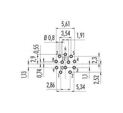 导体结构 M12 针头法兰座, 极数: 12, 非屏蔽, THT, IP68, UL 2238, M16x1.5, 後壁安裝, 模压成型