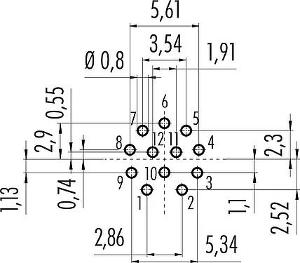 导体结构 M12 针头法兰座, 极数: 12, 非屏蔽, THT, IP68, M12x1.0, 後壁安裝, 模压成型