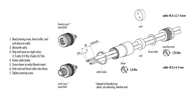 Assembly instructions 99 0429 142 04 - M12 Male cable duo connector, Contacts: 4, 2.1-3.0 mm (2 cable), unshielded, screw clamp, IP67, UL