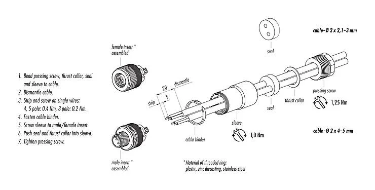 Assembly instructions M12 Female cable duo connector, Contacts: 4, 2.1-3.0 mm (2 cable) or 4-5 mm (2 cable), unshielded, screw clamp, IP67, UL 2238