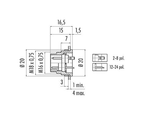 比例图 M16 针头法兰座, 极数: 19, 非屏蔽, 焊接, IP40, M18x0,75, 後壁安裝
