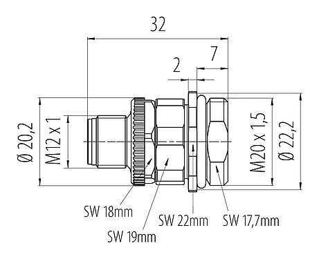 比例图 M12 针头法兰座, 极数: 4, 非屏蔽, 螺钉接线, IP68, UL 2238, VDE, M20x1.5, 板前安装
