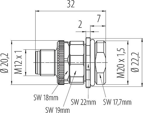 比例图 M12 针头法兰座, 极数: 4, 非屏蔽, 螺钉接线, IP68, UL 2238, VDE, M20x1.5, 板前安装