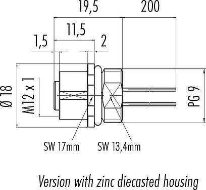Scale drawing M12 Female panel mount connector, Contacts: 4, unshielded, single wires, IP67, UL 2238, PG 9, Front mounting