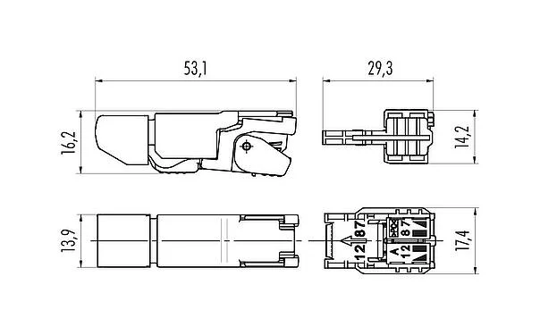 Scale drawing RJ45 connector, Contacts: 8, 5.0-9.0 mm, shieldable, Piercing technology, IP20, UL