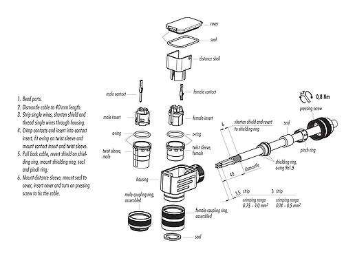 Assembly instructions M16 Male angled connector, Contacts: 5 (05-a), 4.0-6.0 mm, shieldable, crimping (Crimp contacts must be ordered separately), IP67, UL 2238