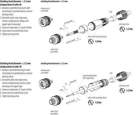 Assembly instructions M12 Male cable connector, Contacts: 4, 5.0-8.0 mm, shieldable, screw clamp, IP67, UL 2238, iris spring