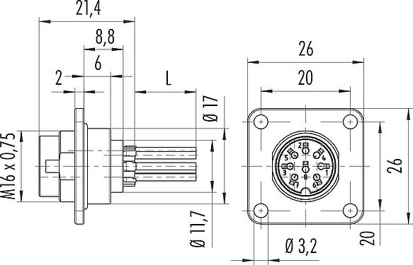 Scale drawing M16 Male panel mount connector, Contacts: 6 (06-a), unshielded, single wires, IP67, UL 2238, M18x0,75, Front mounting