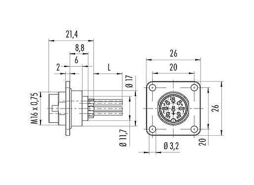 Scale drawing M16 Male panel mount connector, Contacts: 4 (04-a), unshielded, single wires, IP67, UL 2238, M18x0,75, Front mounting