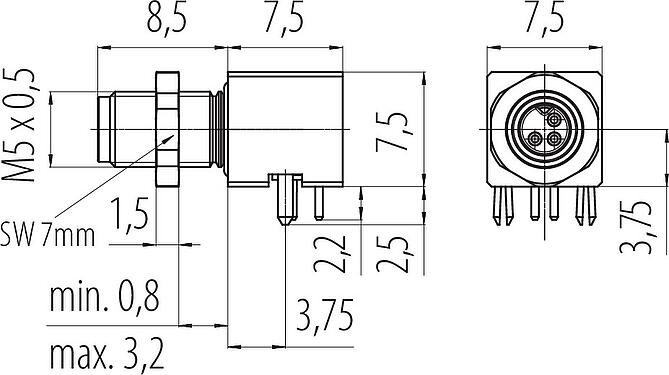 Scale drawing M5 Male angled panel mount connector, Contacts: 3, shieldable, solder, IP68, UL 2238, Rear mounting, potted