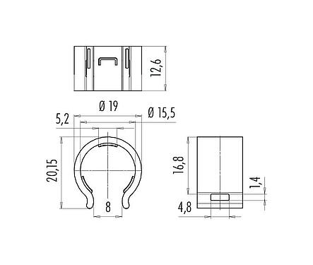 Scale drawing 08 0216 000 000 - Snap-in safety clip 720 series, plastic