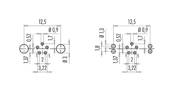 Conductor layout 09 0416 30 05 - M9 Female panel mount connector, Contacts: 5, shieldable, THT, IP67, front fastened
