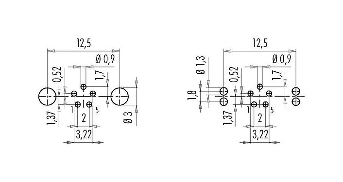 Conductor layout 09 0416 35 05 - M9 Female panel mount connector, Contacts: 5, shieldable, THT, IP67, Front mounting