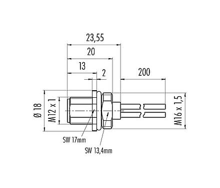 Scale drawing 76 0241 0136 00033-0200 - M12 Male panel mount connector, Contacts: 3, unshielded, single wires, IP68, UL, M16x1.5
