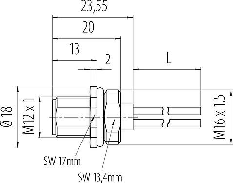 比例图 M12 针头法兰座, 极数: 3, 非屏蔽, 带导线, IP68, UL 2238, M16x1.5, 板前安装, 模压成型