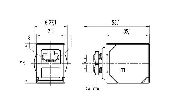 比例图 M12 用于穿控制柜, 孔头连接器-RJ45 直角, 极数: 8, 屏蔽, 插拔式, IP67, UL, 後壁安裝