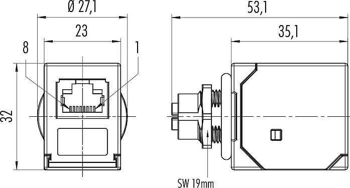 Scale drawing M12 Lead-through for control cabinet, female connector - RJ45 straight, Contacts: 8, shielded, pluggable, IP67, UL, Rear mounting