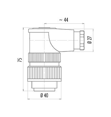比例图 99 0717 70 13 - RD30 弯角针头电缆连接器, 极数: 12+PE, 10.0-12.0mm, 非屏蔽, 焊接, IP65