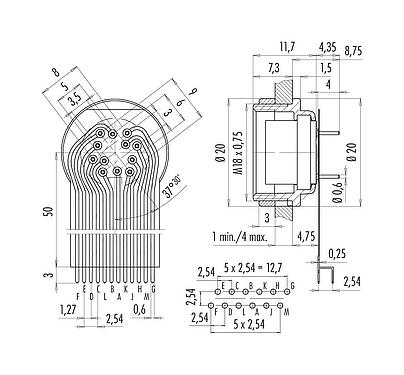 连接和尺寸 M16 孔头法兰座, 极数: 12 (12-a), 非屏蔽, THT, IP40, M18x0,75, 後壁安裝, 双排