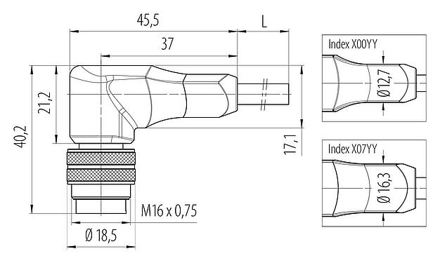 Scale drawing M16 Male angled connector, Contacts: 7 (07-b), unshielded, moulded on the cable, IP67, PUR, black, 7 x 0.25 mm², 2 m