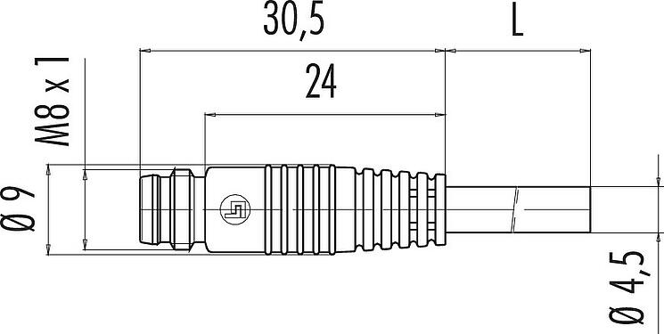 Scale drawing M8 Male cable connector, Contacts: 3, unshielded, moulded on the cable, IP65, PVC, black, 3 x 0.25 mm², Snap-in version, 2 m