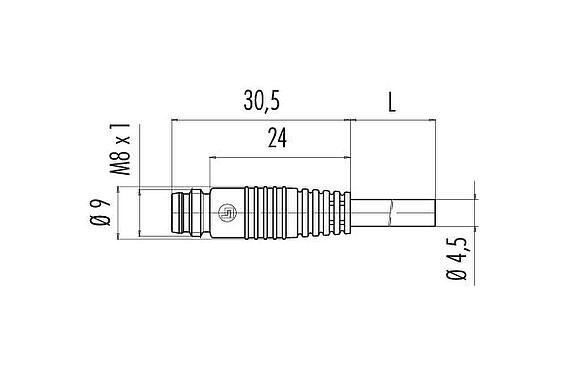 比例图 M8 直头针头电缆连接器, 极数: 3, 非屏蔽, 预铸电缆, IP65, PVC, 黑色, 3x0.25mm², 插拔式版本, 5m