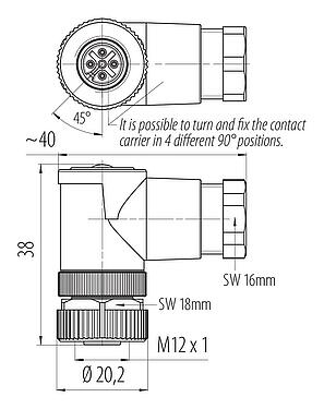 比例图 M12 弯角孔头电缆连接器, 极数: 4, 6.0-8.0mm, 非屏蔽, 笼式弹簧, IP67