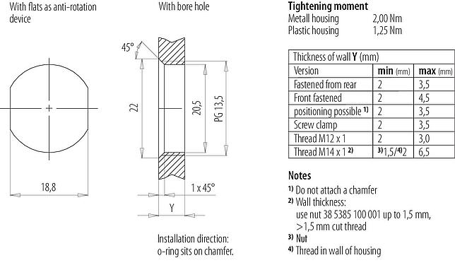 Assembly instructions / Panel cut-out M12 Male panel mount connector, Contacts: 4, unshielded, solder, IP67, UL 2238, PG 13.5, Front mounting