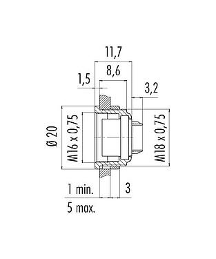 Scale drawing M16 Female panel mount connector, Contacts: 19 (19-a), unshielded, solder, IP40, M18x0,75, Front mounting