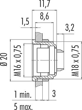 比例图 M16 孔头法兰座, 极数: 14 (14-b), 非屏蔽, 焊接, IP40, M18x0,75, 板前安装
