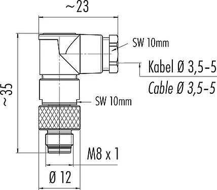 比例图 M8 弯角针头电缆连接器, 极数: 3, 3.5-5.0mm, 非屏蔽, 焊接, IP67, UL 2238