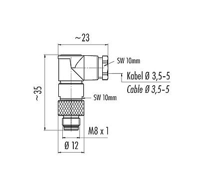 Scale drawing M8 Male angled connector, Contacts: 3, 3.5-5.0 mm, unshielded, solder, IP67, UL 2238