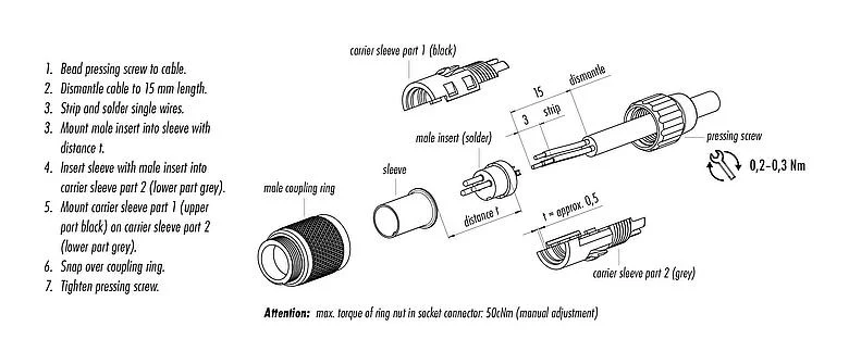 Assembly instructions M9 Male cable connector, Contacts: 4, 4.0-5.0 mm, unshielded, solder, IP40