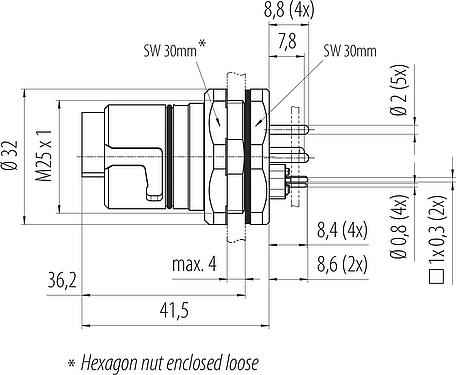 Scale drawing B23 Male panel mount connector, Contacts: 9 (4+PE + 4), THT, IP65/IP67, Rear mounting, with stranded wires, ENP: Power pin / Data socket