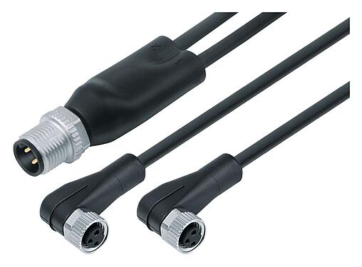 Illustration M12/M8 Male cable splitter - 2 female angled connector, Contacts: 4/3, unshielded, moulded on the cable, IP67, UL 2238, PUR, black, 3 x 0.34 mm², 2 m