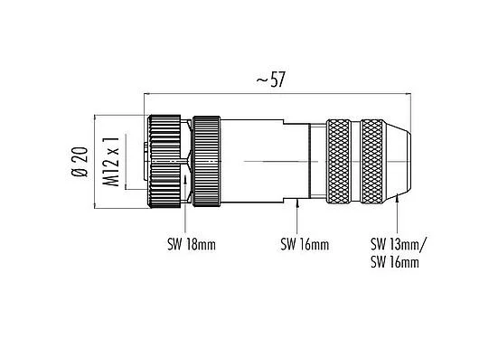 Scale drawing M12 Female cable connector, Contacts: 5, 6.0-8.0 mm, shieldable, screw clamp, IP67, UL 2238, with shielding ring
