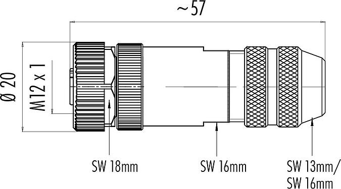Scale drawing M12 Female cable connector, Contacts: 4, 4.0-6.0 mm, shieldable, wire clamp, IP67, with shielding ring