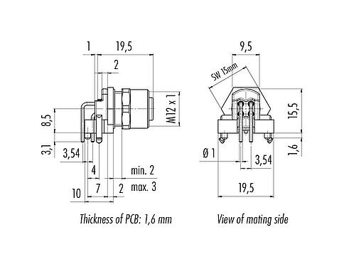 比例图 M12 孔头法兰座, 极数: 5, 非屏蔽, THR, IP68, UL 2238, M12x1.0, 後壁安裝, 可分离设计