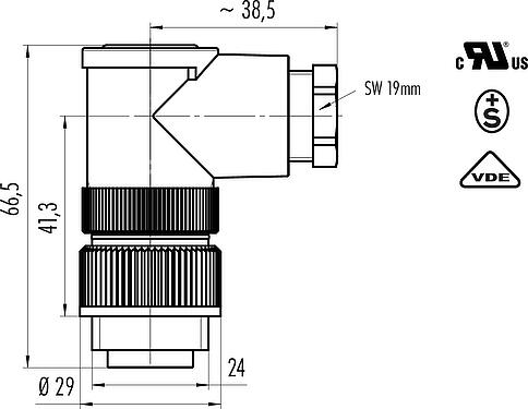 Scale drawing RD24 Male angled connector, Contacts: 6+PE, 8.0-10.0 mm, unshielded, solder, IP67, UL, ESTI+, VDE, PG 11