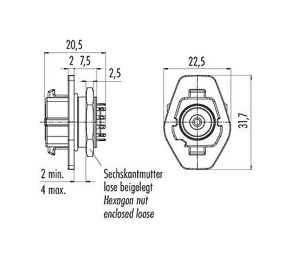 Scale drawing 09 1724 000 12 - Snap-In Female panel mount connector, Contacts: 12, unshielded, solder, IP54
