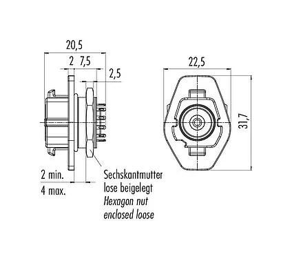 比例图 Snap-in 快插 孔头法兰座, 极数: 12, 非屏蔽, 焊接, IP54, 板前安装