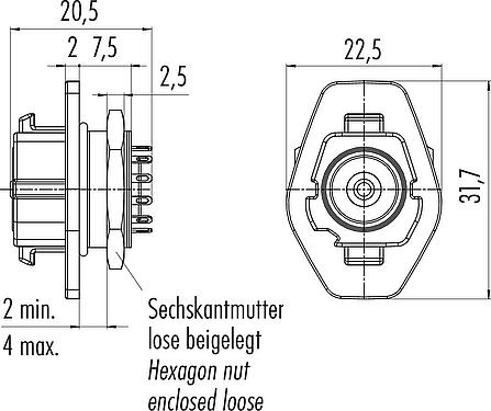 Scale drawing Snap-In Female panel mount connector, Contacts: 12, unshielded, solder, IP54, Front mounting