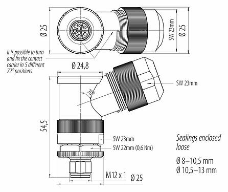 Scale drawing 99 0639 58 05 - M12 Male angled connector, Contacts: 4+FE, 8.0-13.0 mm, unshielded, screw clamp, IP67, UL 2238, M12x1.0, for the power supply