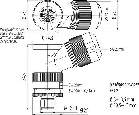 Scale drawing M12 Male angled connector, Contacts: 4+FE, 8.0-13.0 mm, unshielded, screw clamp, IP67, M12x1.0, for the power supply, UL 2237 in preparation, with PE connection