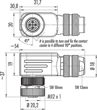 Scale drawing M12 Female angled connector, Contacts: 5, 6.0-8.0 mm, shieldable, screw clamp, IP67, UL 2238