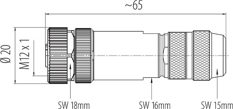 Scale drawing M12 Female cable connector, Contacts: 8, 8.0-9.0 mm, shieldable, screw clamp, IP67, UL 2238, iris spring