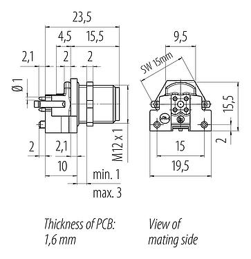Scale drawing M12 Male panel mount connector, Contacts: 4, shieldable, THR, IP67, UL 2238, M12x1.0, Rear mounting