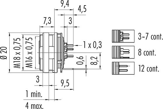 Scale drawing M16 Female panel mount connector, Contacts: 12 (12-a), shieldable, THT, IP40, M18x0,75, Rear mounting